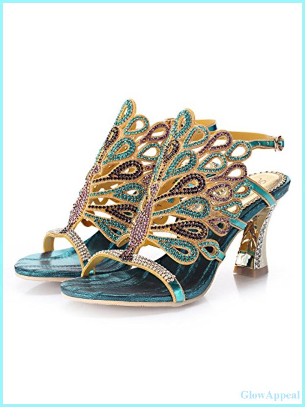Handmade Rhinestone Peacock Patterned Chunky Heel Sandals Ankle Strap